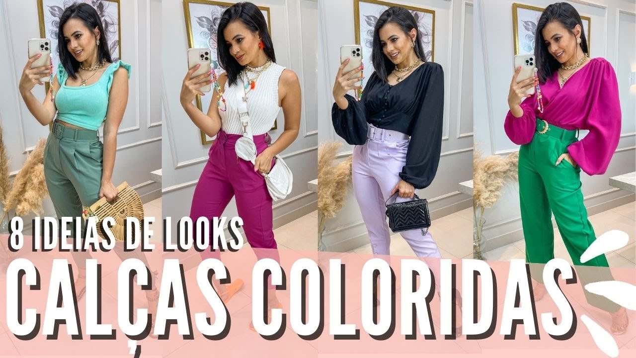 CALÇAS COLORIDAS, 10 ideias de looks com calça alfaiataria colorida, como  usar looks coloridos verão - YouTube