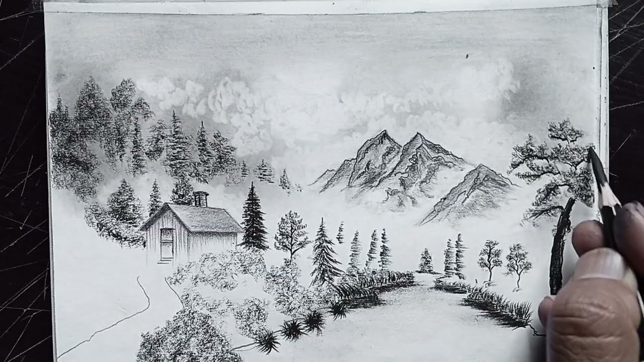 Idea of Drawing Mountain Scenery and Riverside | Pencil Tutorial