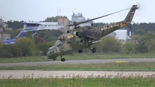 Mi-35M 2302 yellow departure Ramenskoye airfield 2019 Gromov Flight Research Institute