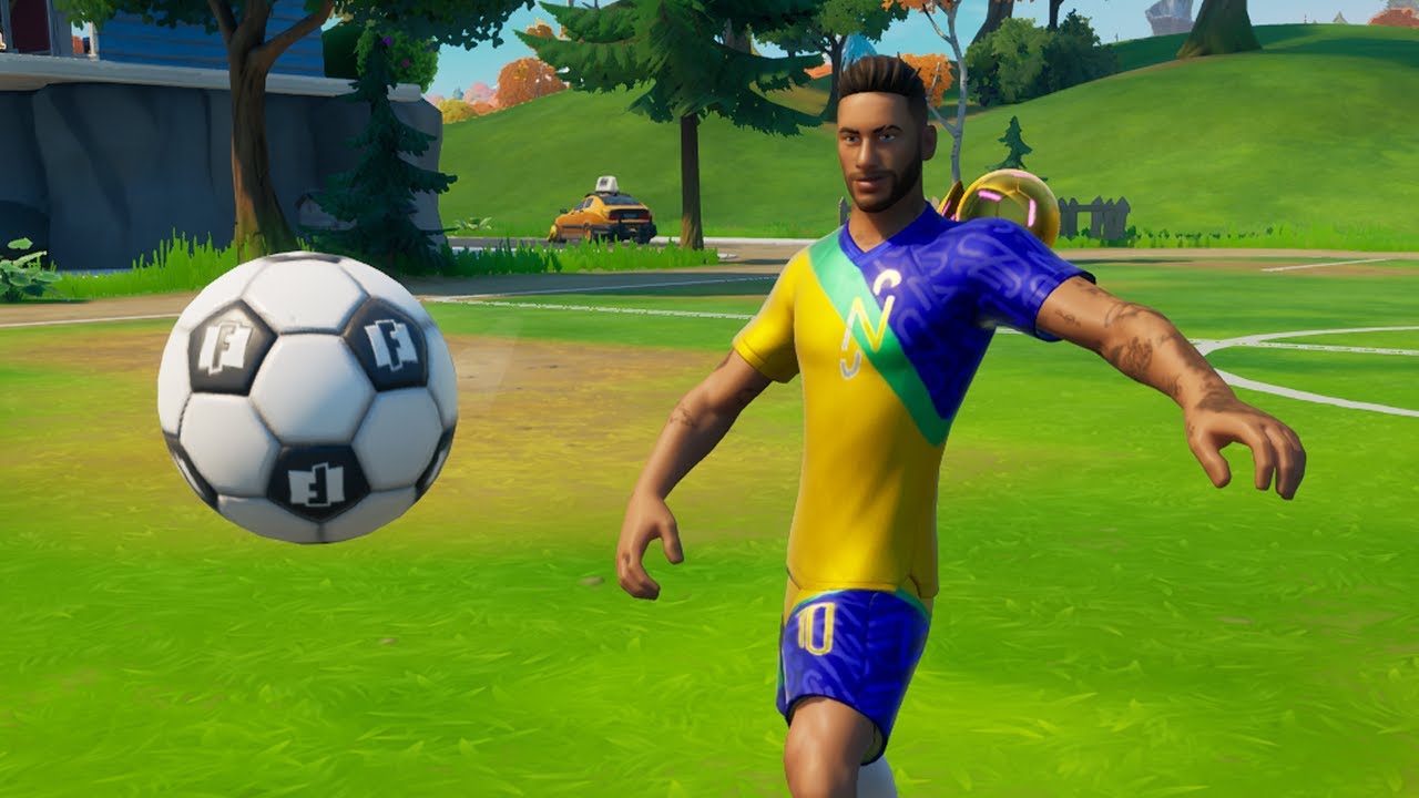 Distance drop kicking the soccer ball toy as Neymar Jr Fortnite
