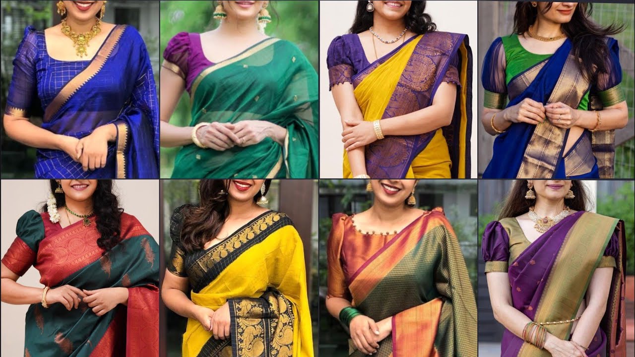 😍👌Trendy Silk Sarees With Puff Sleeve Blouse Designs| Puff Sleeve Blouses  For Contrast Sarees ❤️|, image size:1280x720
