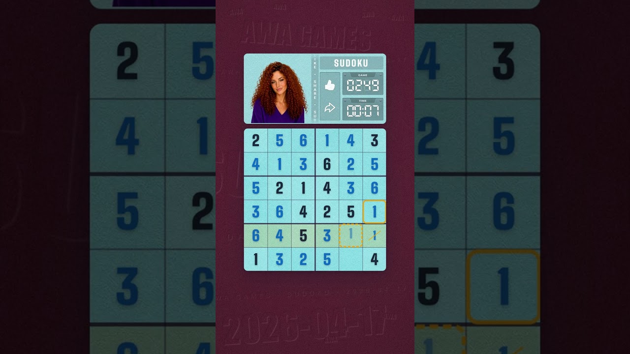LinkedIn Mini Sudoku #249 solved board for April 17, 2026, 6x6 grid