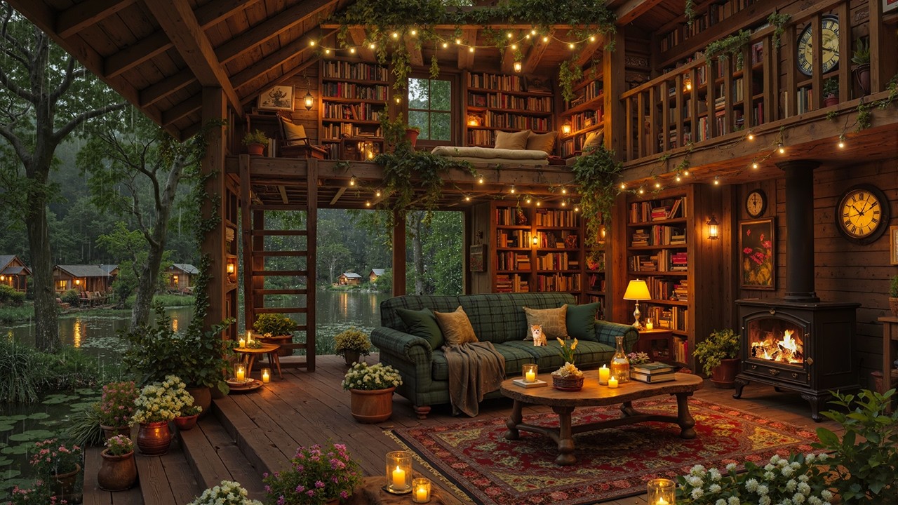 Gently Porch Rain Ambience | Fireplace Sounds & Perfect Jazz Melody Help You Relax & Work