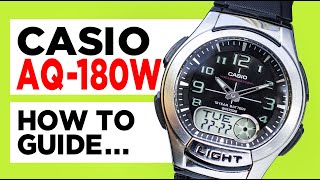 #CASIO AQ-180W (Module 3793) HOW TO SET THE TIME, DATE, TELEMEMO, STOPWATCH & WORLD TIME!