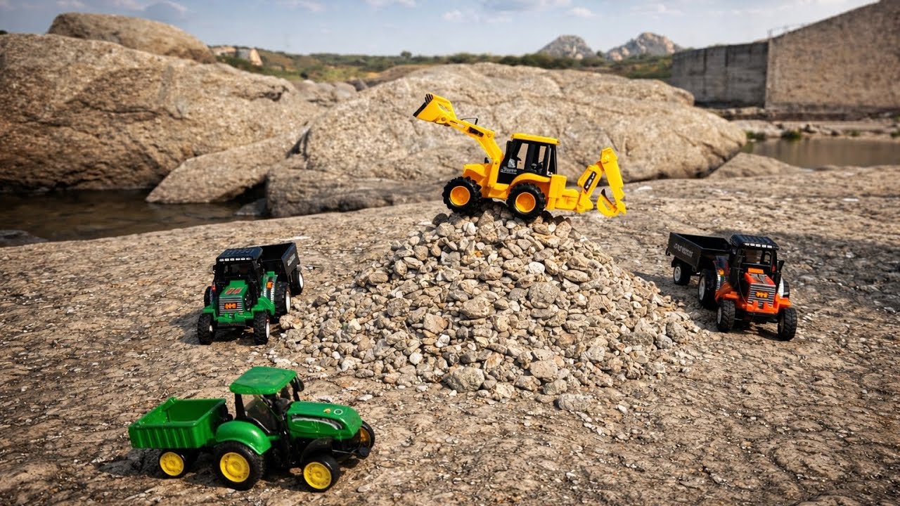 “JCB Toy Backhoe Loading Big Stone Pile | Tractor Trolley & john dear tractor