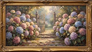 Secret Garden Path Through Hydrangeas | Hidden Garden Escape at Golden Hour | Gold Frame TV Art