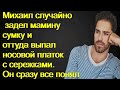 Михаил случайно задел мамину сумку и оттуда выпал носовой платок с сережками. Он сразу все понял