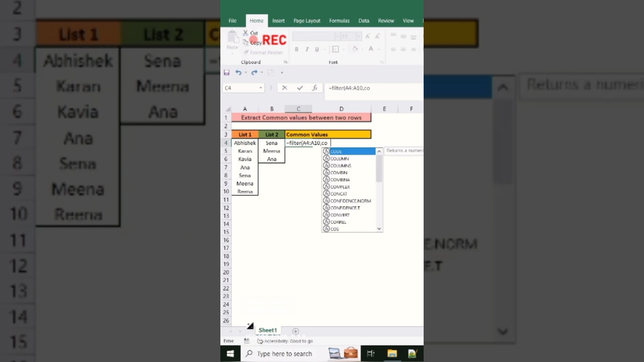 Extract common values between two rows 