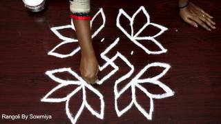 simple flower kolam designs | 6x6 straight dot kolam design