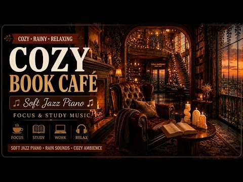 Sunset Book Café ☕ Soft Jazz Piano & Fireplace Ambience | Cozy Coffee Shop for Study, Reading& Relax