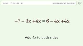 Solve -7-3x=2(3-2x): Linear Equation Video Solution | Tiger Algebra