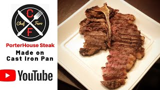 Delicious porterhouse steak on cast iron pan