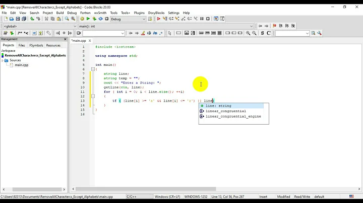 C++ Program to Remove all Characters in a String Except Alphabets