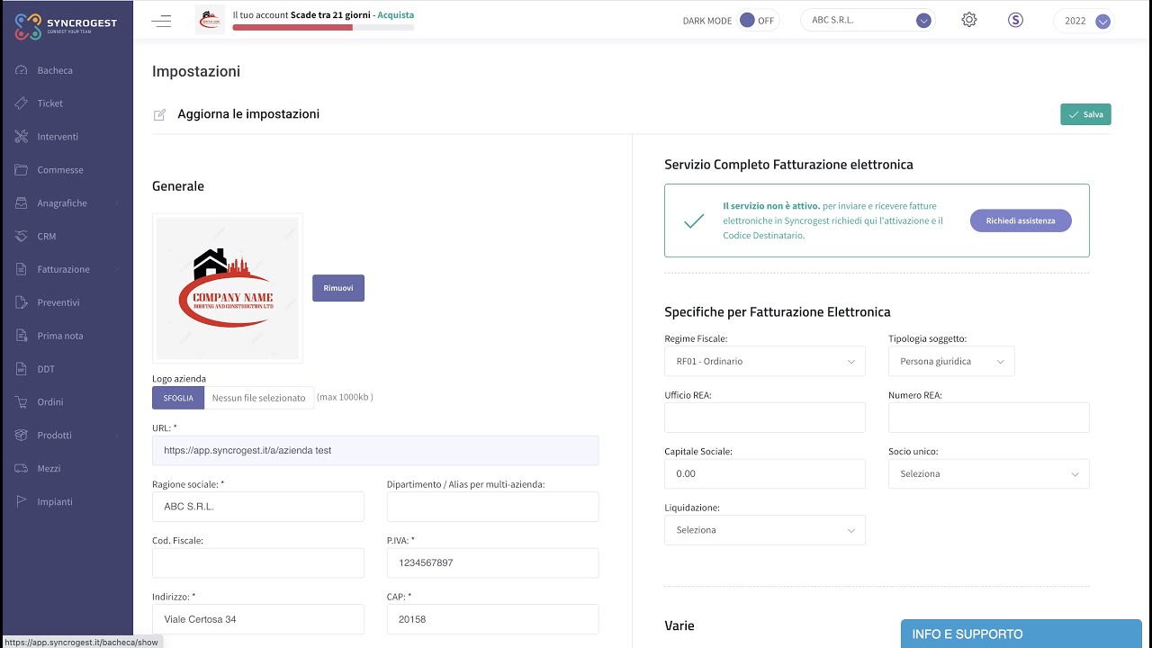 1. Impostazioni e Utenti della prova gratuita - SYNCROGEST Software Assistenza Tecnica in Cloud