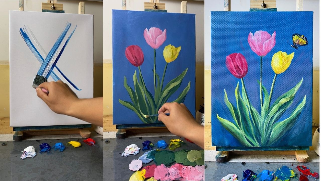 Painting a Tulip with a Cute Butterfly | Acrylic Painting for Beginners ...