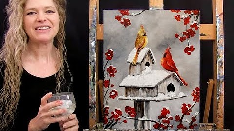 How to Paint WINTER BIRDHOUSE CARDINALS with Acrylic - Paint and Sip at Home - Step by Step Tutorial