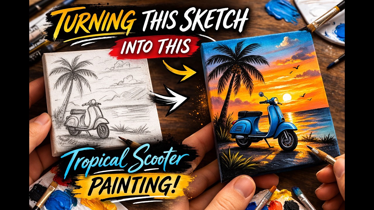 Watch This Sketch Turn Into a Tropical Scooter Painting 🌴 Acrylic Art