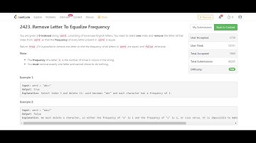 leetcode biweekly contest 88 Remove Letter To Equalize Frequency