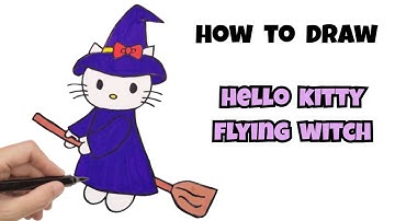 Hoe teken je een vliegende heks Hello Kitty – Eenvoudige Halloween-tekening