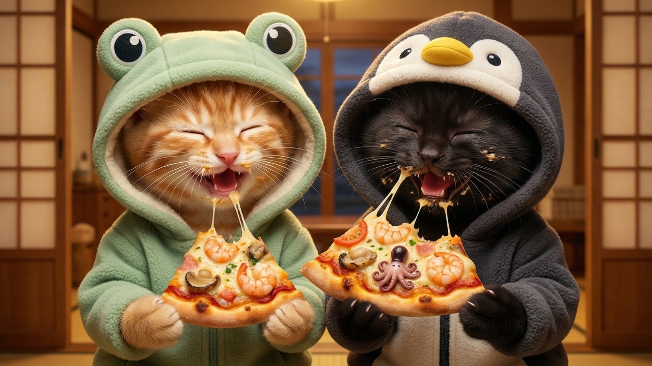 Tiny Kittens Make Giant Seafood Pizza After School 🍕🦐 Cute Food Story 🐱