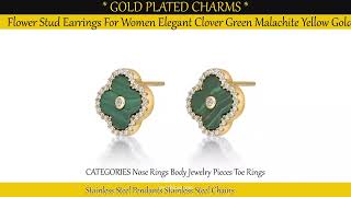 Flower Stud Earrings For Women Elegant Clover Green Malachite Yellow Gold Plated