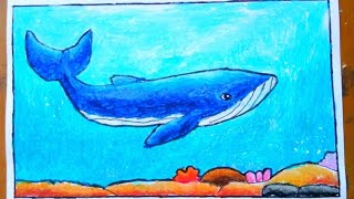 How To Draw Whale Easy - Cara Menggambar Ikan Paus Biru dan pemandangan bawah laut