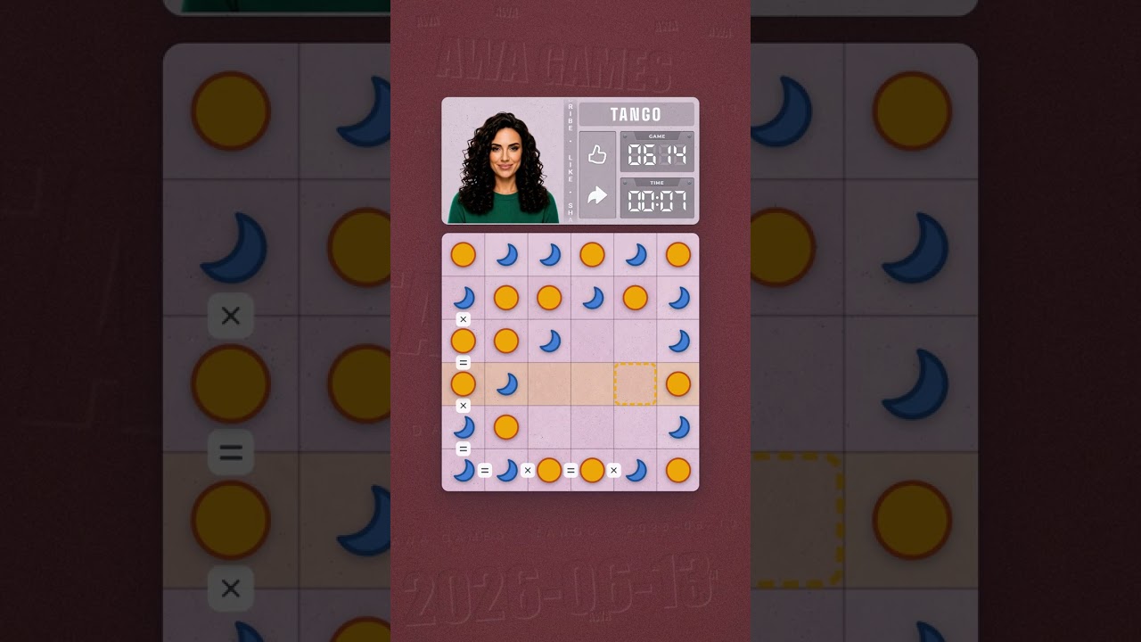 LinkedIn Tango #614 solved board for June 13, 2026, 6x6 grid