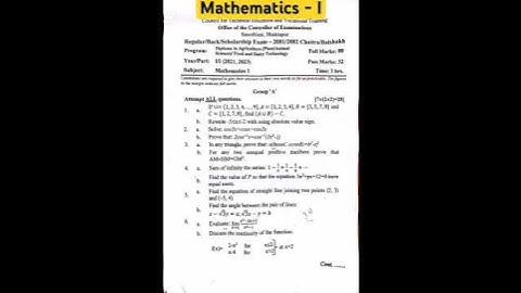 Agriculture (plant Animal/Science) 1st semester  Mathematics - I question paper 2082 #ctevt #maths
