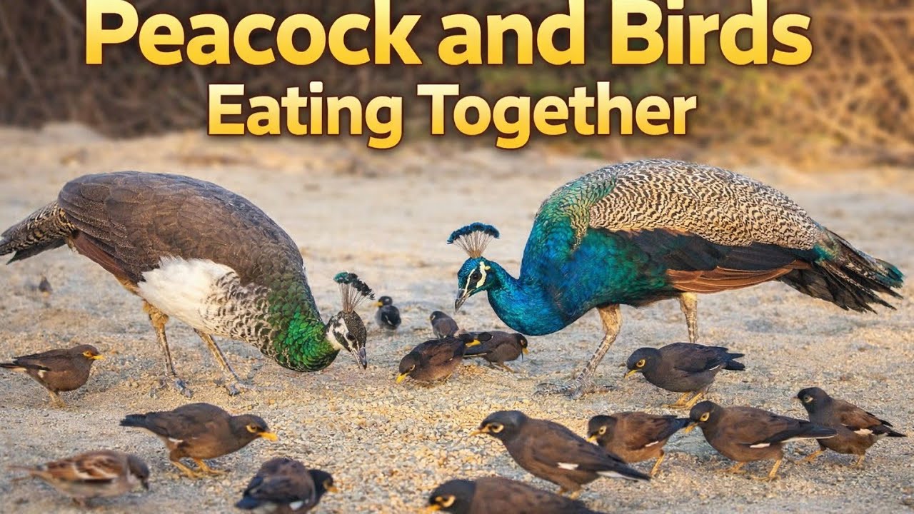 Peacock & Small Birds Eating Together | Rare Scene