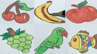 CUTE Fruits Parrot, Fish Drawing Painting Colouring idea for kid/easy toodles elders drawing#drawing