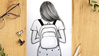 How to draw a girl with Schoolbag - step by step / Beautiful girl backside Pencil Sketch