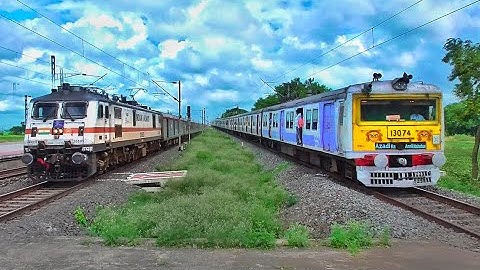 Parallel Train Overtake : Barddhaman-Howrah EMU Local Furiously Overtake by Howrah Rajdhani Express