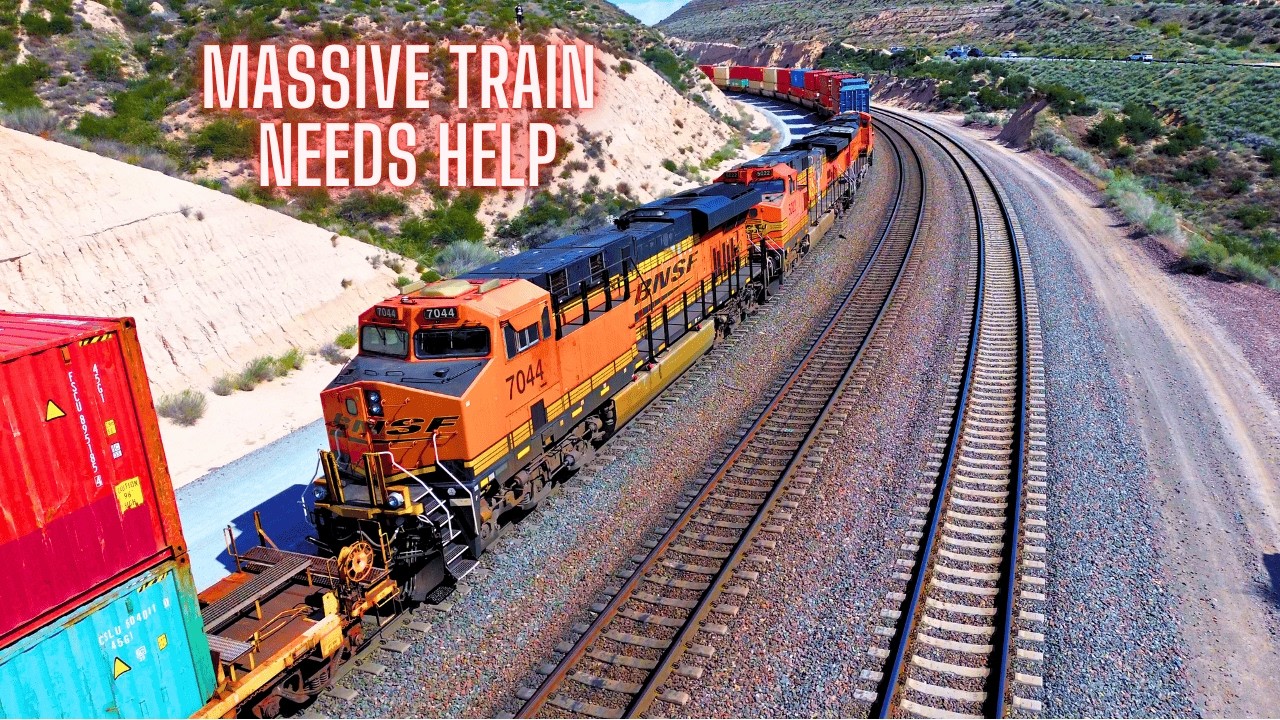 MANNED HELPERS SHOVE 3 MILE LONG TRAIN UP CAJON PASS + A Mystery Load? & ROARING TRAIN AUDIO