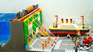 Mini Lego City Tsunami - Massive Failure of NEW LEGO Dam, Railway Collapse & Titanic Sinking