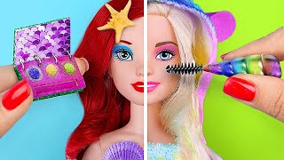 ユニコーンvs人魚の手作りミニチュアなメイク道具チャレンジ12個！／賢いバービー人形の裏技と工作