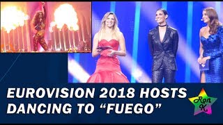 The hosts of Eurovision 2018 dancing to "Fuego" (Cyprus) during the songs' recap