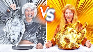 GOLD VS SILVER CHALLENGE! Eating Everything In 1 Color For 24 HRS! TikTok Tricks By 123 GO!CHALLENGE