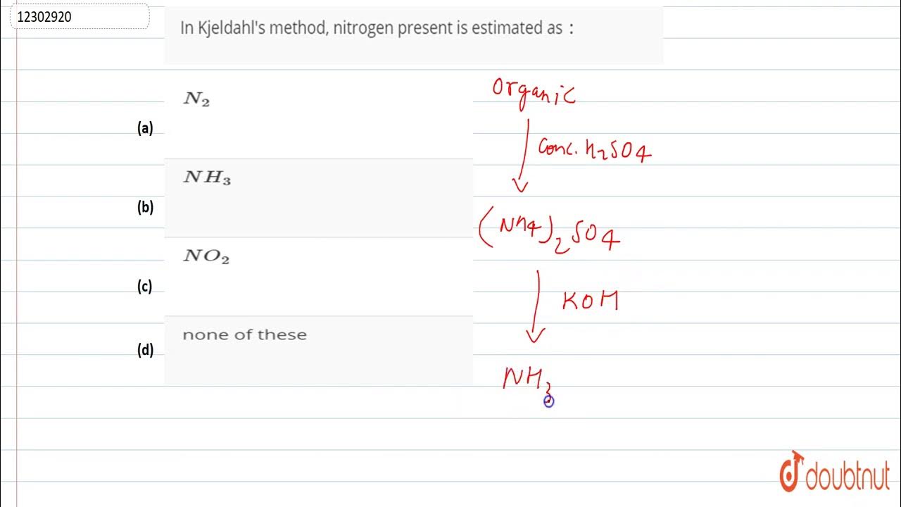 In Kjeldahl's method, nitrogen present is estimated as `` YouTube