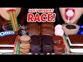 ASMR SOFT DESSERT RACE! CARAMEL BOMB CAKE, OREO CHOCOLATE MOUSSE, PUDDING, ICE CREAM, SOUR CANDY 먹방