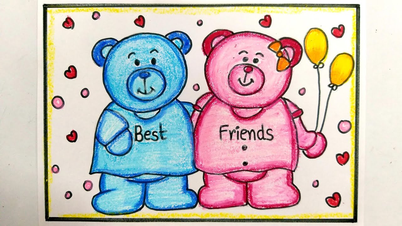 Cute Friendship Day Drawing Easy/ Best Friends drawing with oil pastels