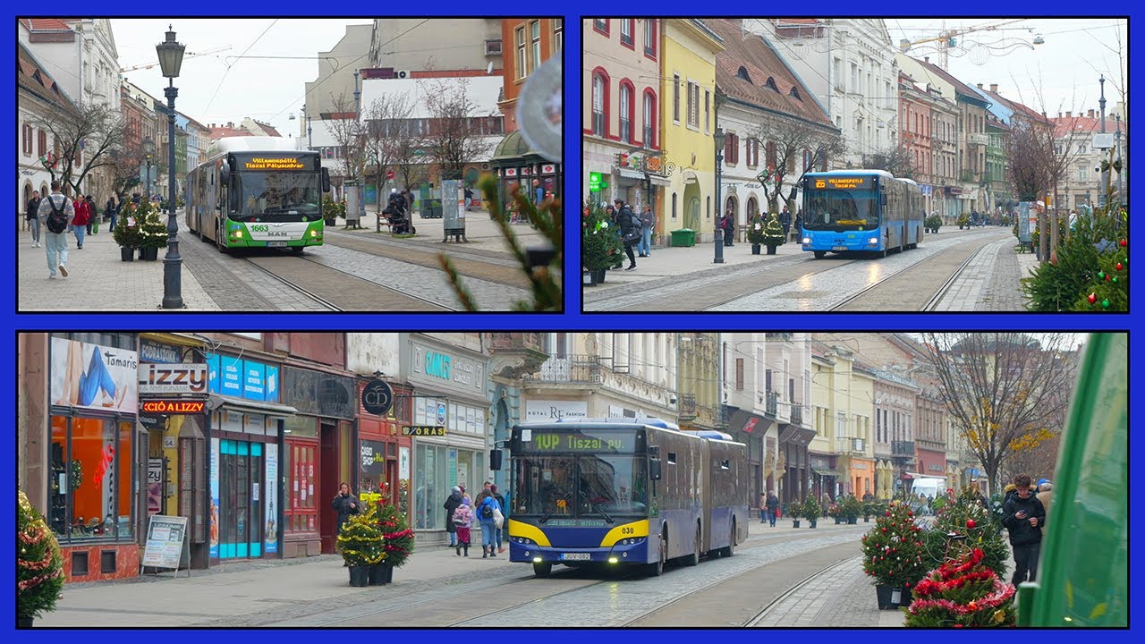 Автобусы, заменяющие трамваи на главной улице Мишкоца в декабре 2025 года