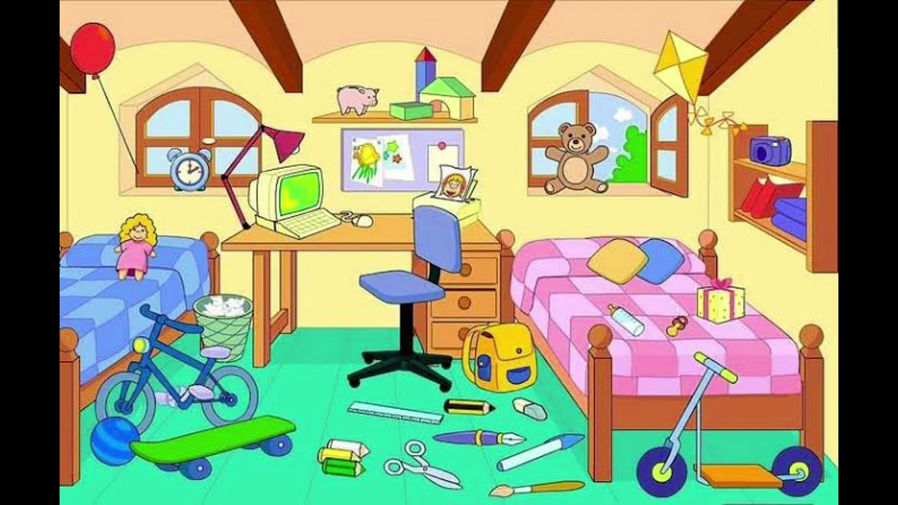 Object description. Комната с предметами. Разбросанные игрушки. Детская комната мультяшная. Описать комнату.