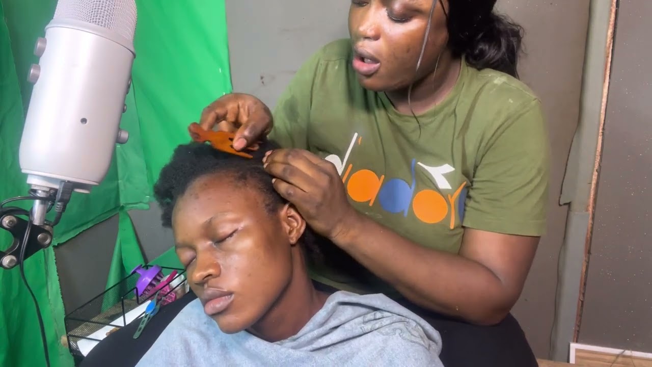 ASMR✨SOFT WHISPER AND GUM CRACKING CORNROW BRAIDING, SCALP SCRATCHING AND HAIR PARTING ON MY COUSIN.