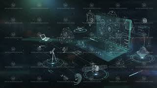 Laptop showing futuristic interface with astronomy and science research icons