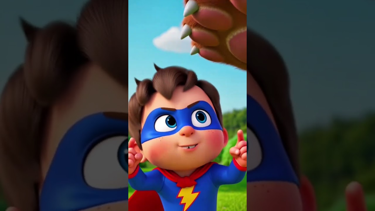 A kid superhero faces a giant ticklish teddy bear monster.