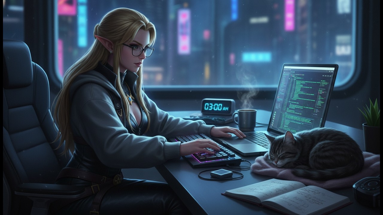 3 AM Codeflow Cyberpunk Ambience with Flying Mechanical Cat