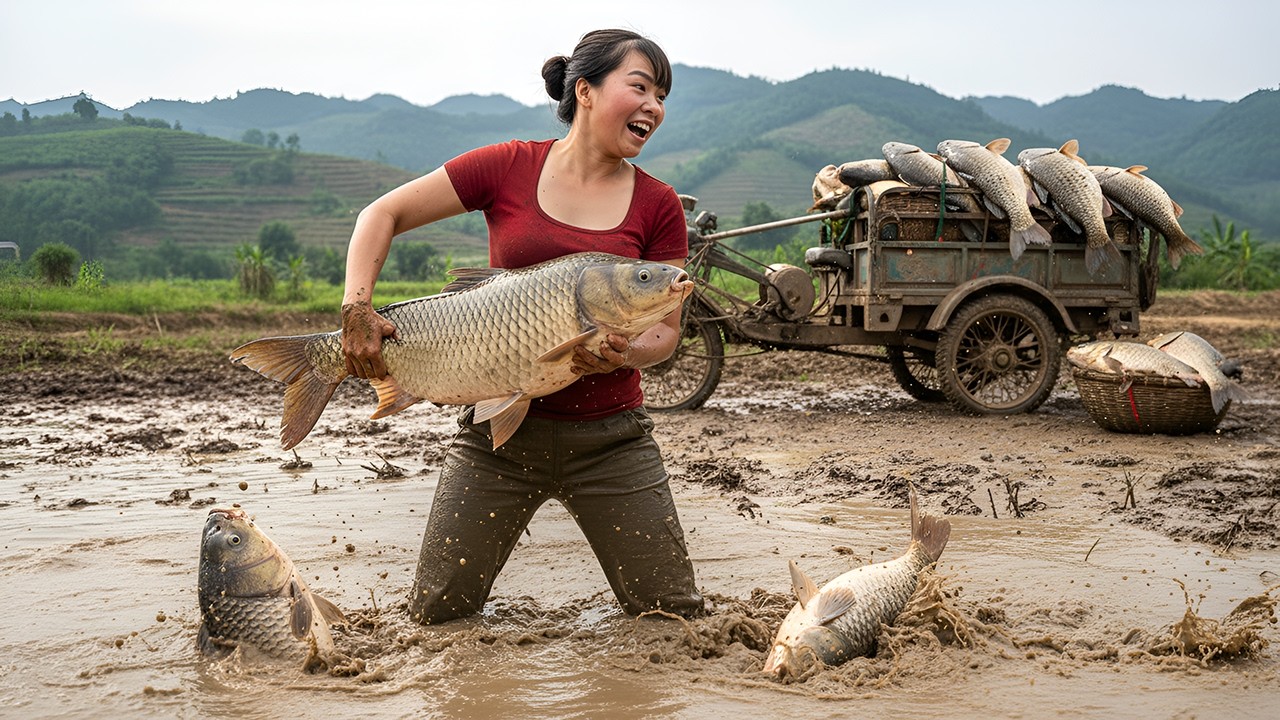 Harvesting Many Giant Fish with a 3-Wheeled Vehicle — Loaded Pond Catch to Countryside Market