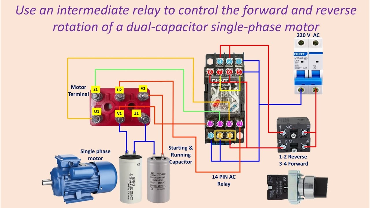 Single Phase Motor Reverse Forward  Connection Using Intermediate Relay & selector switch