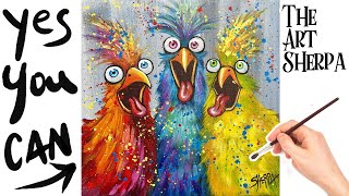 Draw and paint Funny Chickens 🌟🎨 How to paint acrylics for beginners: Paint Night at Home