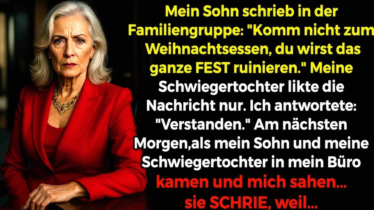 Um 23 Uhr schrieb mein eigener Sohn in die Familiengruppe: „Komm nicht zum Weihnachtsessen. Meine Frau sagt, du würdest die ganze Feier ruinieren.“ Meine Schwiegertochter Sabrina kommentierte mit...